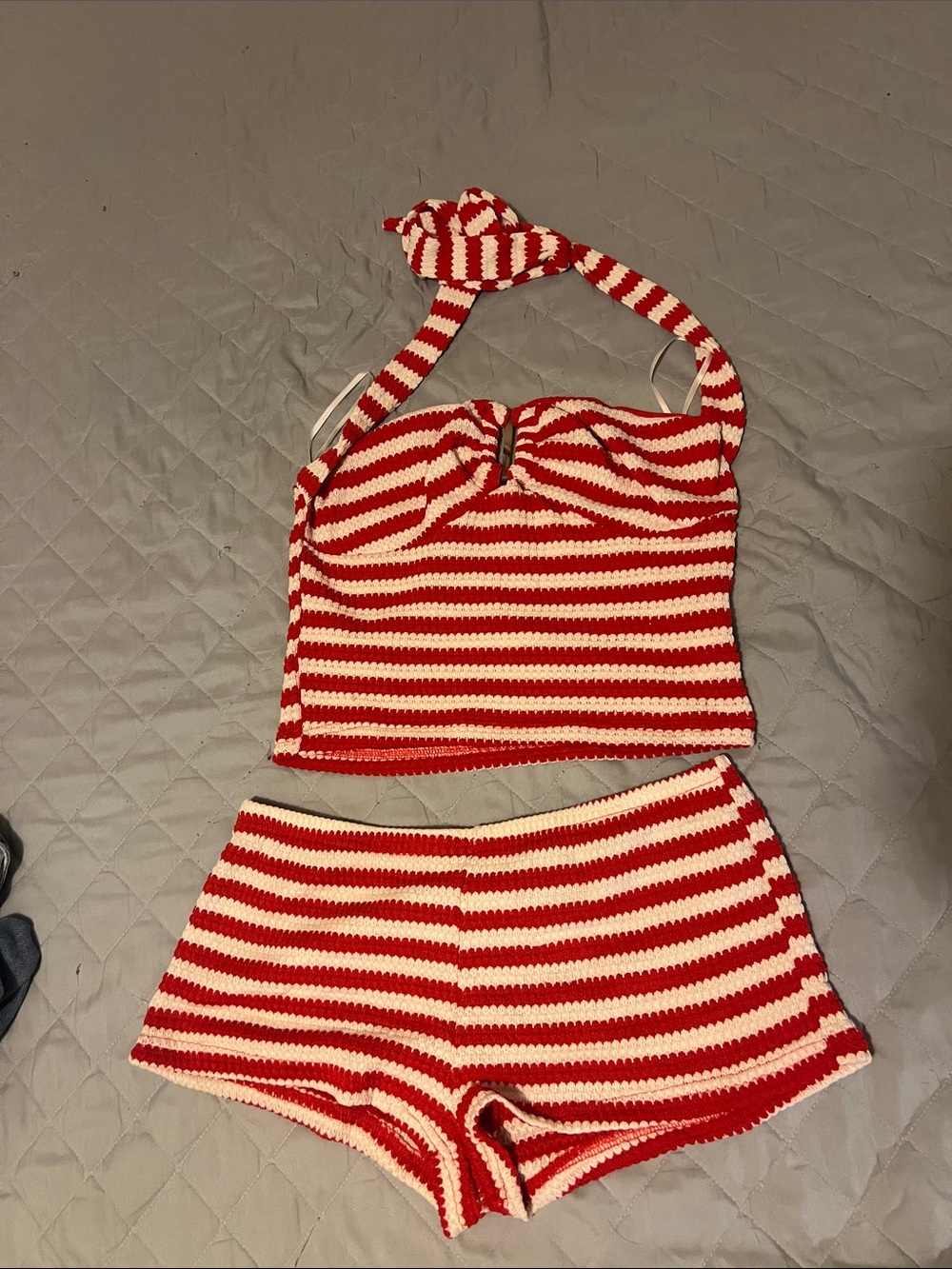 SHEIN Red & White Striped Knit Halter Romper Set